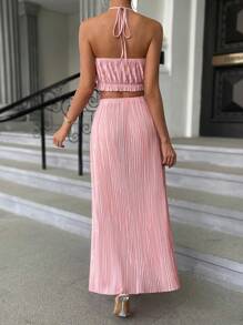 SHEIN Privé 素色繞頸上衣和裙子 - 藕粉色 - 查看 2