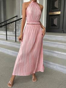 SHEIN Privé 素色繞頸上衣和裙子 - 藕粉色 - 查看 5