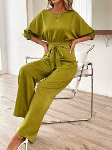 SHEIN Clasi 素色蝙蝠袖上衣&腰帶闊腿褲 - 橄欖綠 - 查看 6