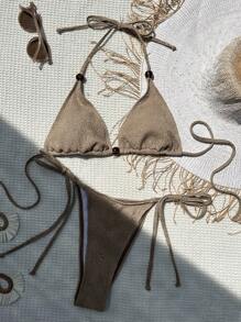 SHEIN Swim Bộ áo tắm bikini dây tam giác đi biển mùa hè & cà vạt bên dưới - Màu Khaki - Xem 1