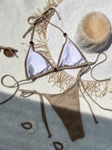 SHEIN Swim Bộ áo tắm bikini dây tam giác đi biển mùa hè & cà vạt bên dưới - Màu Khaki - Xem 2