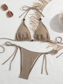 SHEIN Swim Bộ áo tắm bikini dây tam giác đi biển mùa hè & cà vạt bên dưới - Màu Khaki - Xem 3