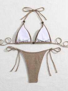 SHEIN Swim Bộ áo tắm bikini dây tam giác đi biển mùa hè & cà vạt bên dưới - Màu Khaki - Xem 4