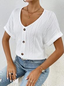 SHEIN Frenchy Solid Button Front Batwing Sleeve Tee Summer White - White - View 1