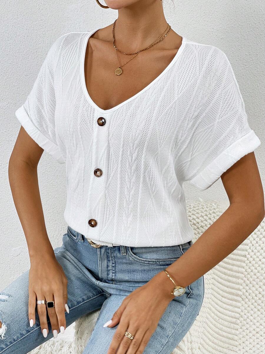 SHEIN Frenchy Solid Button Front Batwing Sleeve Tee Summer White - White - View 1