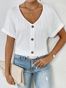 SHEIN Frenchy Solid Button Front Batwing Sleeve Tee Summer White - White - View 4