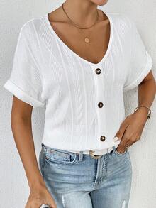 SHEIN Frenchy Solid Button Front Batwing Sleeve Tee Summer White - White - View 5
