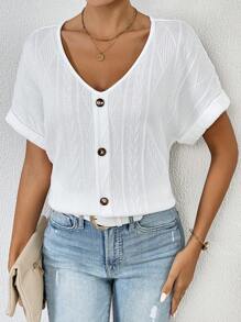 SHEIN Frenchy Solid Button Front Batwing Sleeve Tee Summer White - White - View 6
