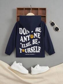 SHEIN Young Boy Slogan Graphic Hooded Jacket - Navy Blue - View 1