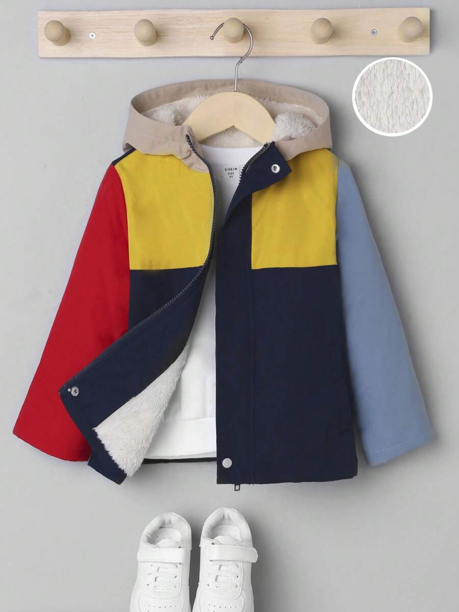 SHEIN Young Boy Colourblock Zip Up Thermal Hooded Coat - Multicolor - View 1