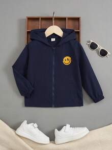 SHEIN Young Boy Slogan Graphic Hooded Jacket - Navy Blue - View 2