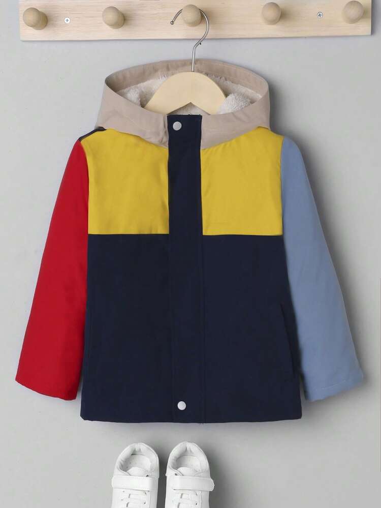 Young Boy Colorblock Zip Up Thermal Hooded Coat