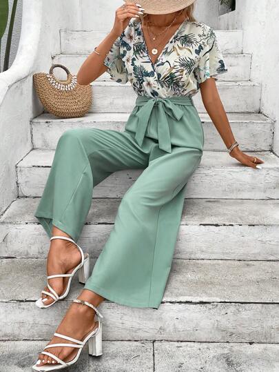 SHEIN Frenchy Tropical Print Surplice Neck Belted Wide Leg Jumpsuit Summer