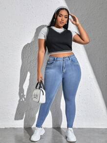 SHEIN EZwear Plus Skinny Jeans - Light Wash - View 1