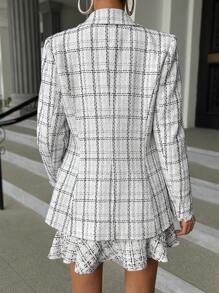 SHEIN Privé 格紋圖案西裝領粗花呢西裝外套 - 黑與白 - 查看 5