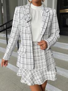 SHEIN Privé 格紋圖案西裝領粗花呢西裝外套 - 黑與白 - 查看 6