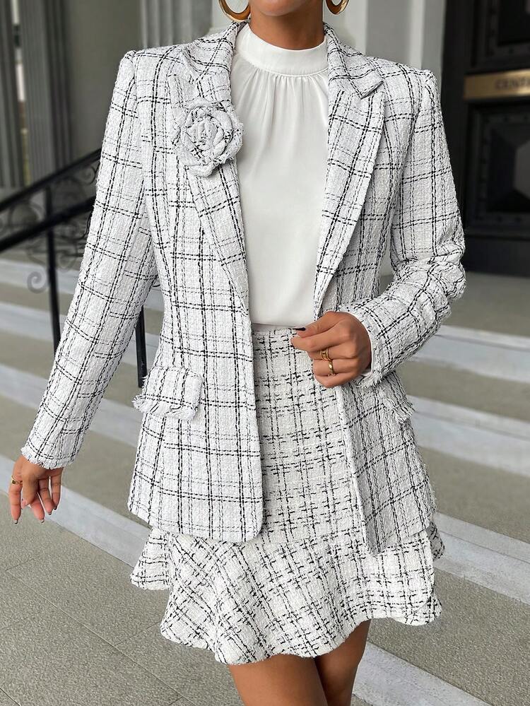 Plaid Pattern Lapel Neck Tweed Blazer