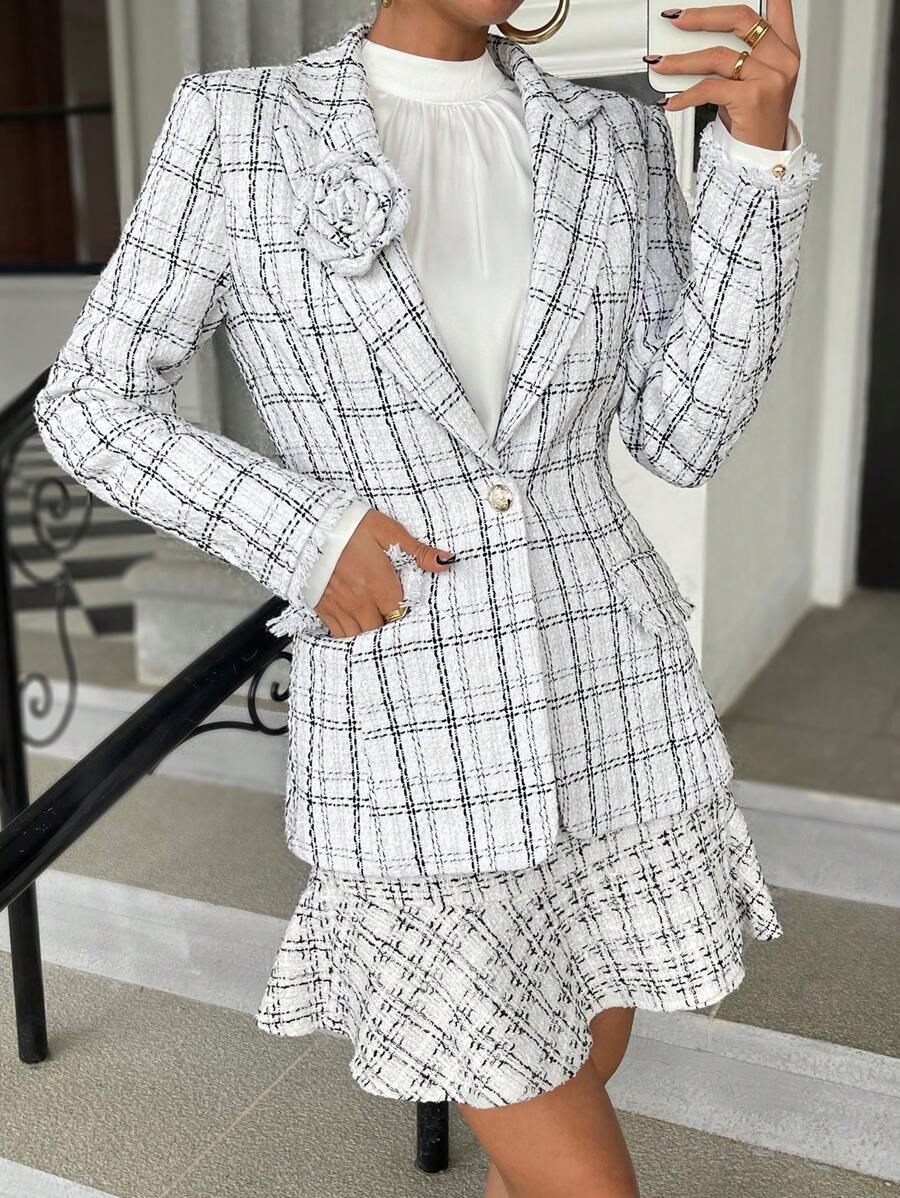 SHEIN Privé 格紋圖案西裝領粗花呢西裝外套 - 黑與白 - 查看 1