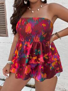 Celure Plus Graphic Print Peplum Tube Top - Burgundy - View 3