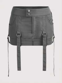 SHEIN ICON Talla grande Falda con diseño de hebilla con bolsillo con solapa - Gris - Ver 1