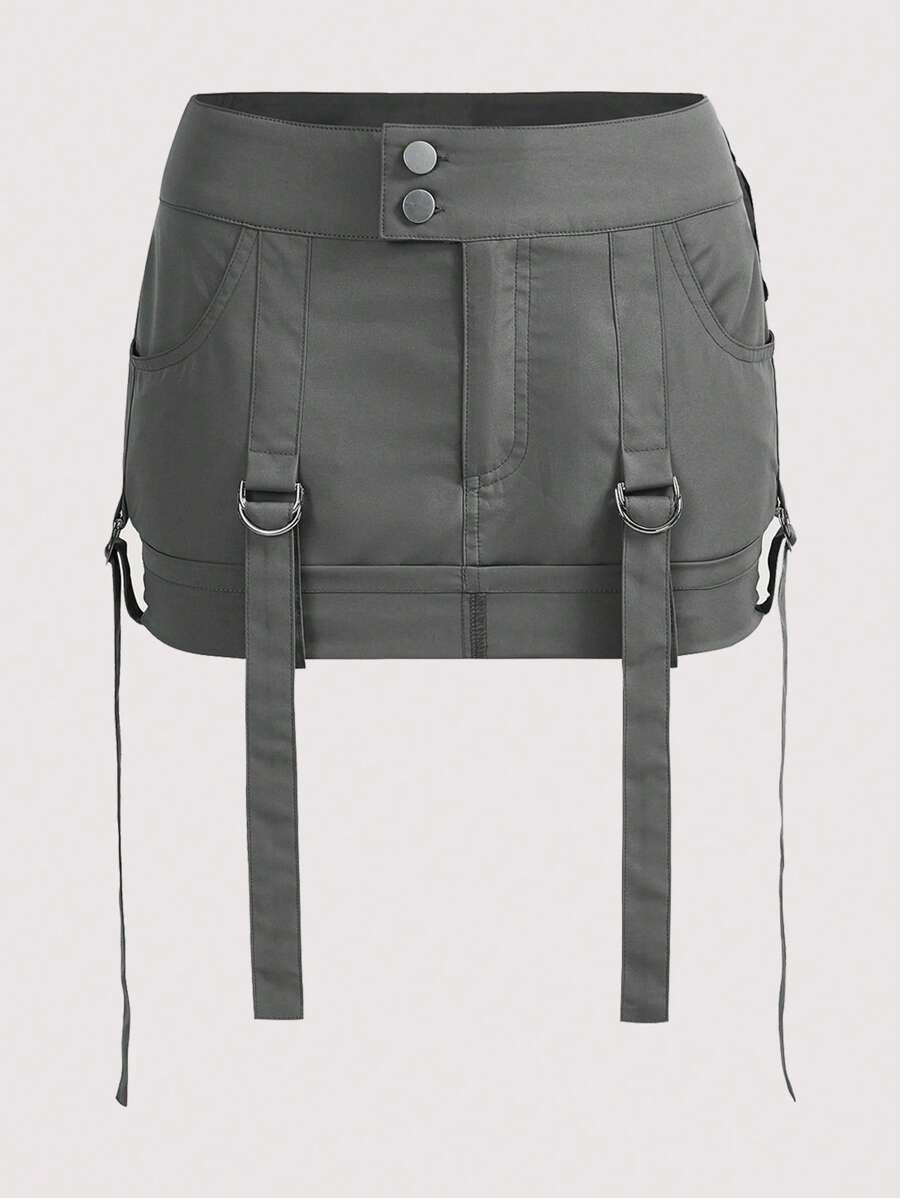 SHEIN ICON Plus Buckled Detail Flap Pocket Skirt - Grey - View 1