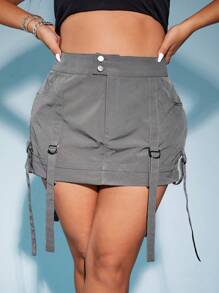 SHEIN ICON Talla grande Falda con diseño de hebilla con bolsillo con solapa - Gris - Ver 2