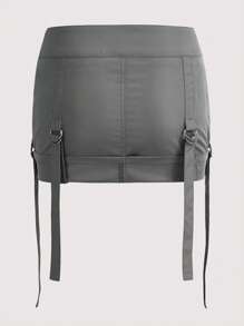 SHEIN ICON Talla grande Falda con diseño de hebilla con bolsillo con solapa - Gris - Ver 3