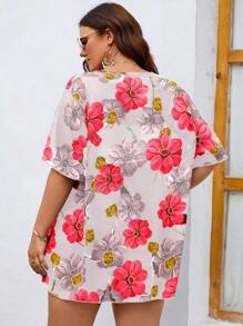 Plus Floral Print Open Front Kimono - Apricot - View 2