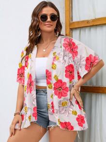 Plus Floral Print Open Front Kimono - Apricot - View 3
