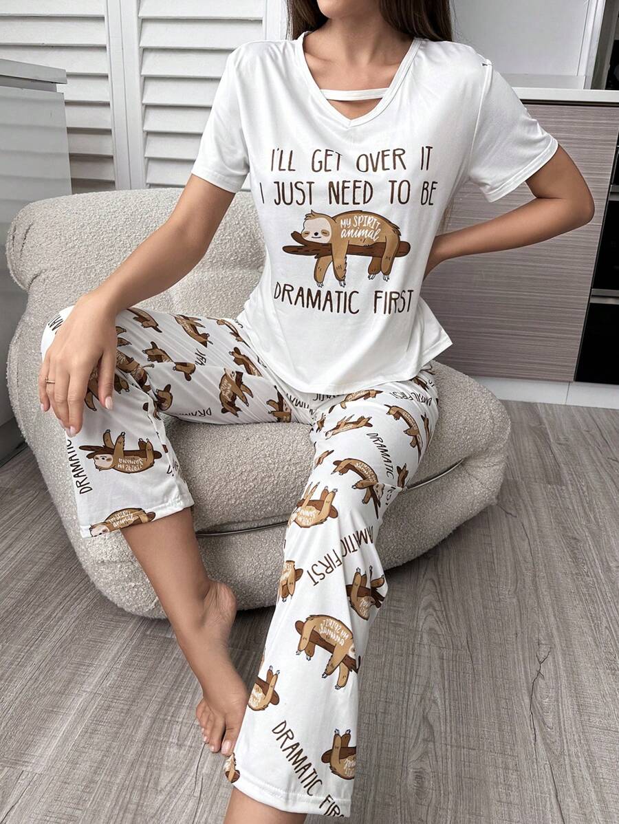 Sloth & Slogan Graphic Cut Out Tee & Trousers PJ Set - White - View 1
