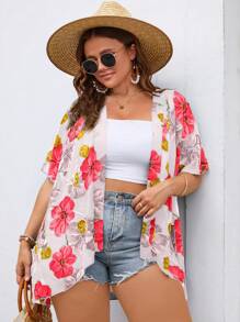 Plus Floral Print Open Front Kimono - Apricot - View 4