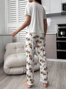 Sloth & Slogan Graphic Cut Out Tee & Trousers PJ Set - White - View 2