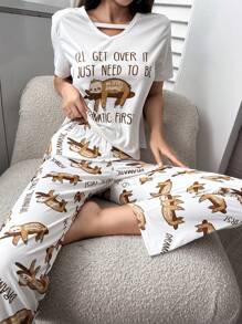 Sloth & Slogan Graphic Cut Out Tee & Trousers PJ Set - White - View 3