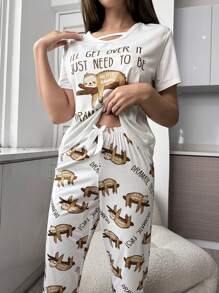 Sloth & Slogan Graphic Cut Out Tee & Trousers PJ Set - White - View 4