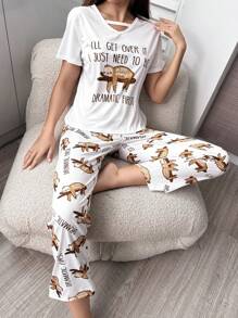 Sloth & Slogan Graphic Cut Out Tee & Trousers PJ Set - White - View 6