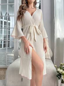 木耳邊喇叭袖腰帶華夫格編織休閒服睡袍 - 米色 - 查看 4