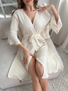 木耳邊喇叭袖腰帶華夫格編織休閒服睡袍 - 米色 - 查看 6