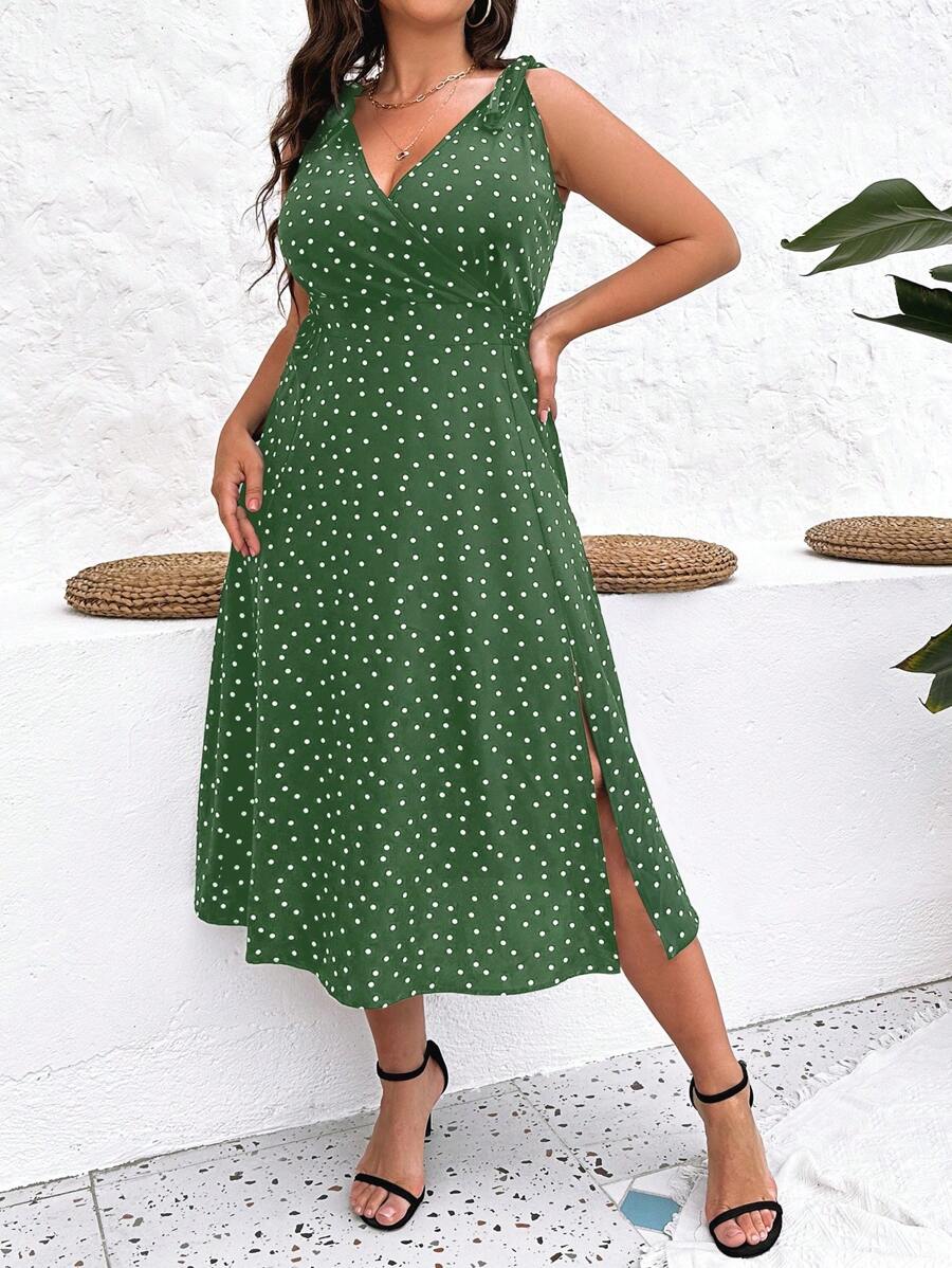 SHEIN Clasi 大碼波點圖案高衩連衣裙 - 綠色 - 查看 1