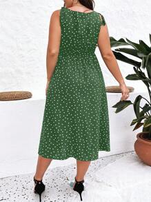 SHEIN Clasi 大碼波點圖案高衩連衣裙 - 綠色 - 查看 2