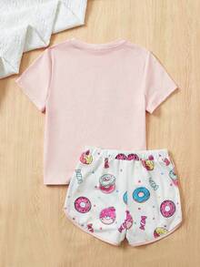 SHEIN 女大童甜甜圈和字母圖形T恤和短褲睡衣套裝 - 淺粉色 - 查看 2
