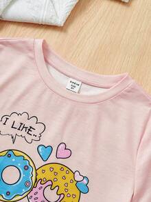 SHEIN 女大童甜甜圈和字母圖形T恤和短褲睡衣套裝 - 淺粉色 - 查看 3