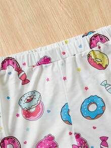 SHEIN 女大童甜甜圈和字母圖形T恤和短褲睡衣套裝 - 淺粉色 - 查看 4