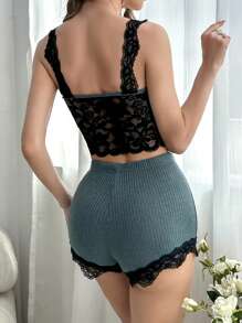 Snug Zone Contrast Lace Cami Top & Shorts PJ Set / Pajama Set - Green - View 3