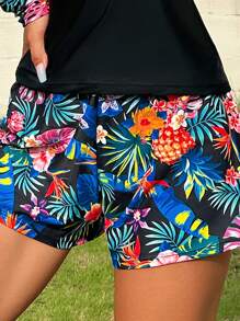 Tropical Print High Neck Shorts Rashguard With Bikini Bottom - Multicolor - View 6