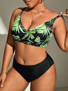 Swim Lushoire Summer Beach Plus Tropical Print Bikini Top - Green - View 4