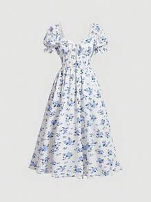 SHEIN MOD In hoa Ditsy Ống tay áo Đầm - Xanh và trắng - Xem 1