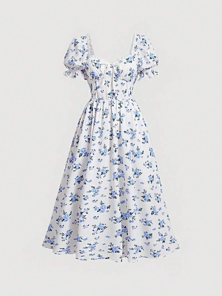 SHEIN MOD In hoa Ditsy Ống tay áo Đầm - Xanh và trắng - Xem 1