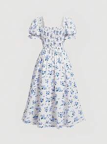 SHEIN MOD In hoa Ditsy Ống tay áo Đầm - Xanh và trắng - Xem 9