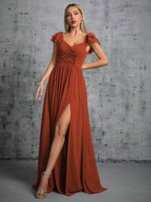 Asymmetrical Ruffle Collar & Sleeve Buttons Front Slit Bridesmaid Long Dress Elegant Dress - Burnt Orange - View 1