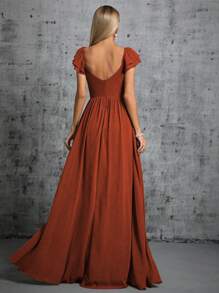 Asymmetrical Ruffle Collar & Sleeve Buttons Front Slit Bridesmaid Long Dress Elegant Dress - Burnt Orange - View 2